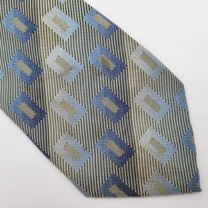 Lugari Men's Hand Made Gold Blue Block Pattern Silk Tie